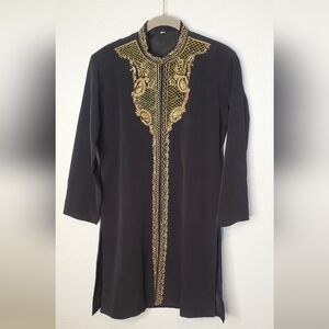 Black Tunic with Gold Embroidery Mandarin Collar Sherwani Kaftan Size 10